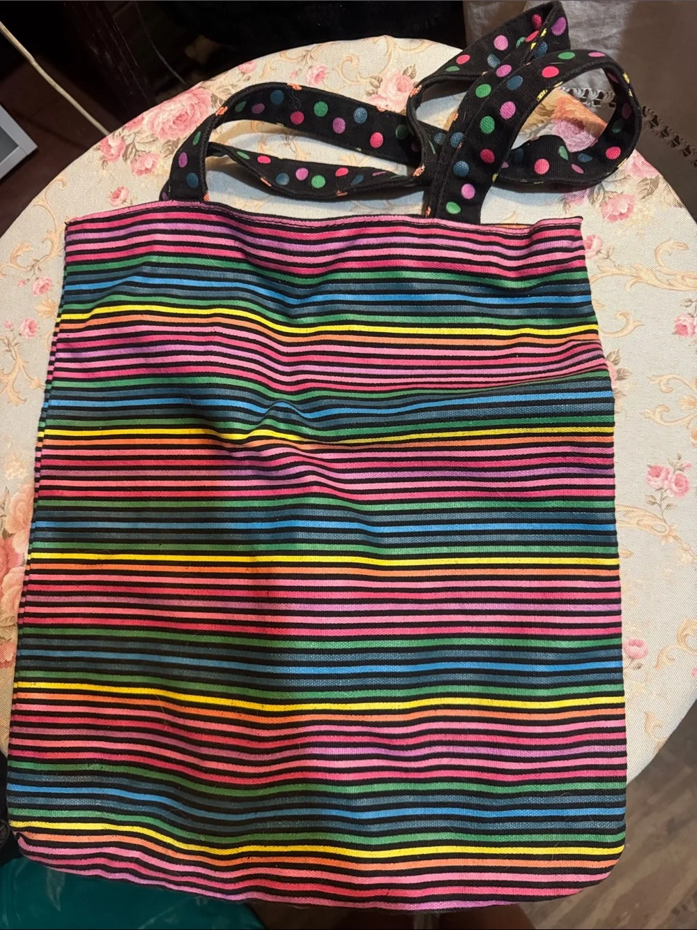 Colorful Striped Tote Bag with Polka Dot Straps